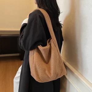 Korean Woolen Shoulder Bag for Women Autumn Winter Large Capacity Shopping Tote Pack Solid Color School Composite Bags