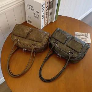 Satchel Hobo Bag For Women,Retro Patent Leather Dual Pocket Designer Handbag Female Shoulder Underarm Bag Luxury Tote Purses